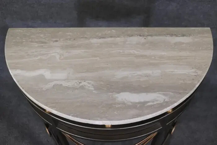Unique Greek Key John Vesey Style Marble Top Steel Demilune Console Table gallery