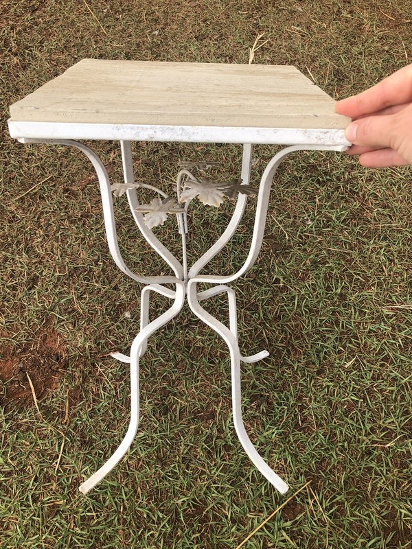 Vintage Italian White Metal Tole Side Table Plant Stand Wood Top Shabby Chic
