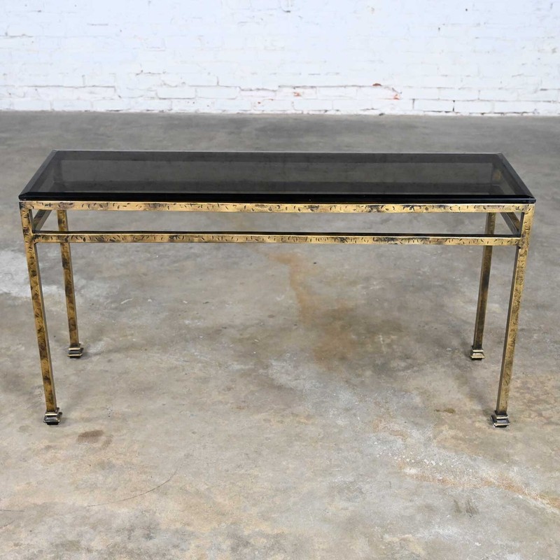 Modern Iron Console Sofa Table Gold Hammered Look & Smoked & Beveled Glass Top gallery