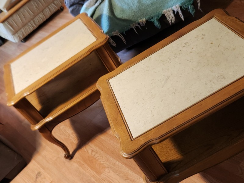 Antique, Vintage Mid Century, Solid Wood End Tables, Marble Inlay tops, clean!