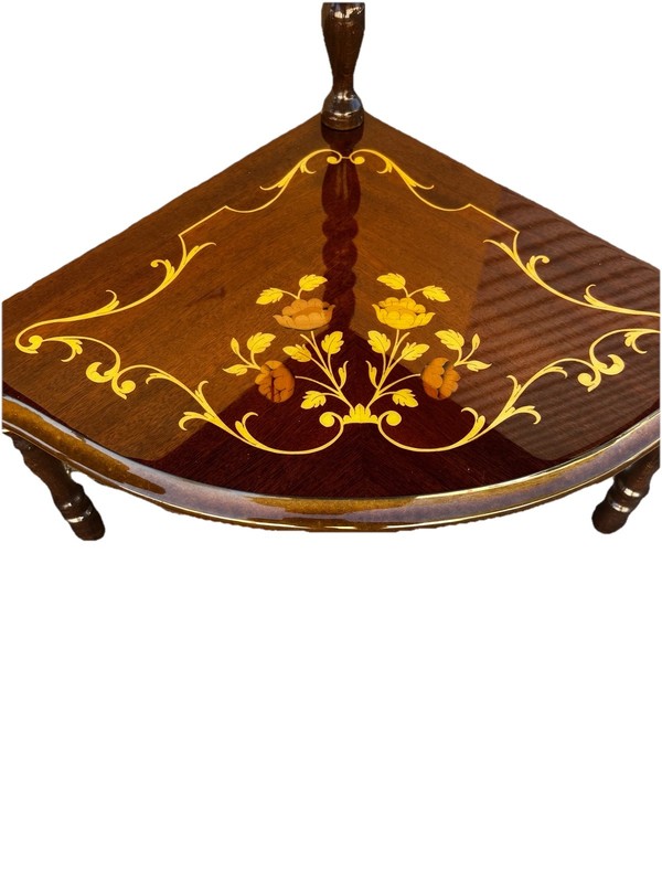 Set Of 2 Vintage Italian Inlaid Mahogany 3 Tier Corner Tables gallery