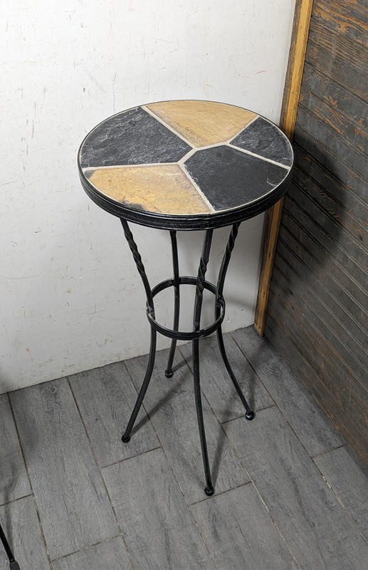Vintage Mid Century Modern Round Slate Tile Iron Plant Stand Pedestal Table