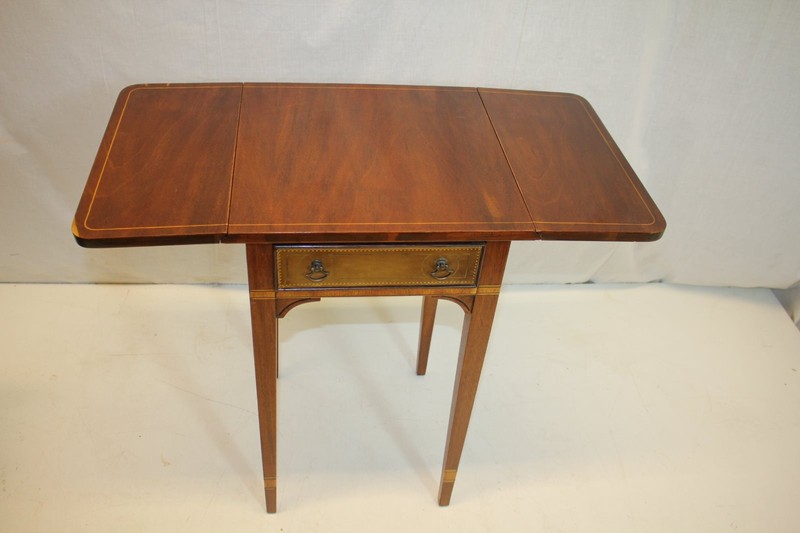english Inlaid Drop Leaf Table w/ Leather front Drawer by Stiehl New York