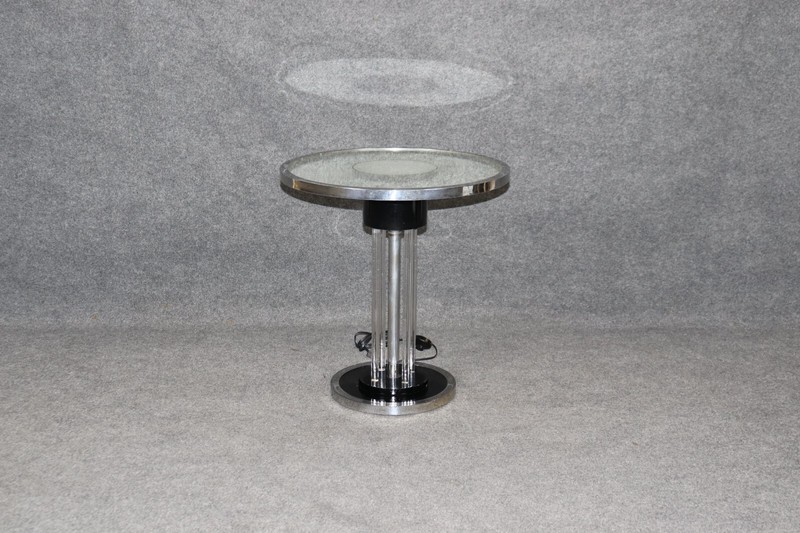 Unique Machine Age or Art Deco Glass and Chrome Lighted Pedestal Table gallery