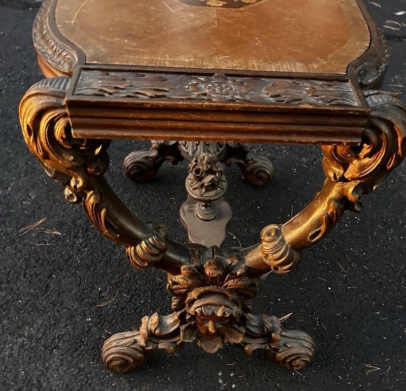 Antique Scholle’s of Chicago Ornate Wood Table Carved Legs Inlay Wood Design gallery