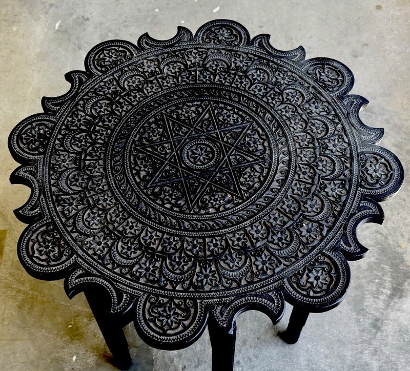 Vintage India Carved Low Black Wood Table Made In India Geometric Angelo- gallery