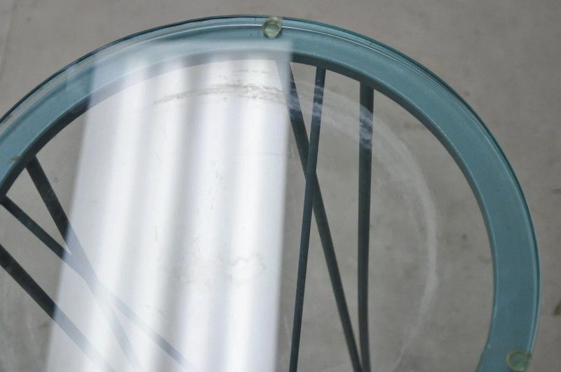 Postmodern Blue Wrought Iron "Skyscraper" Glass Top Pedestal Stand Side Table gallery