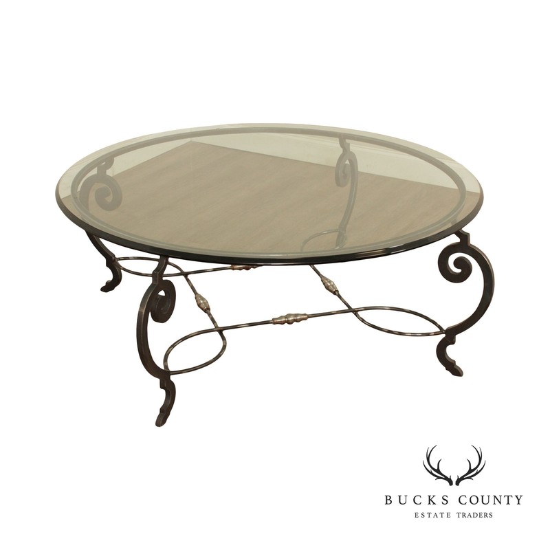 Tuscan Style 60-Inch Round Glass Top Wrought Iron Coffee Table