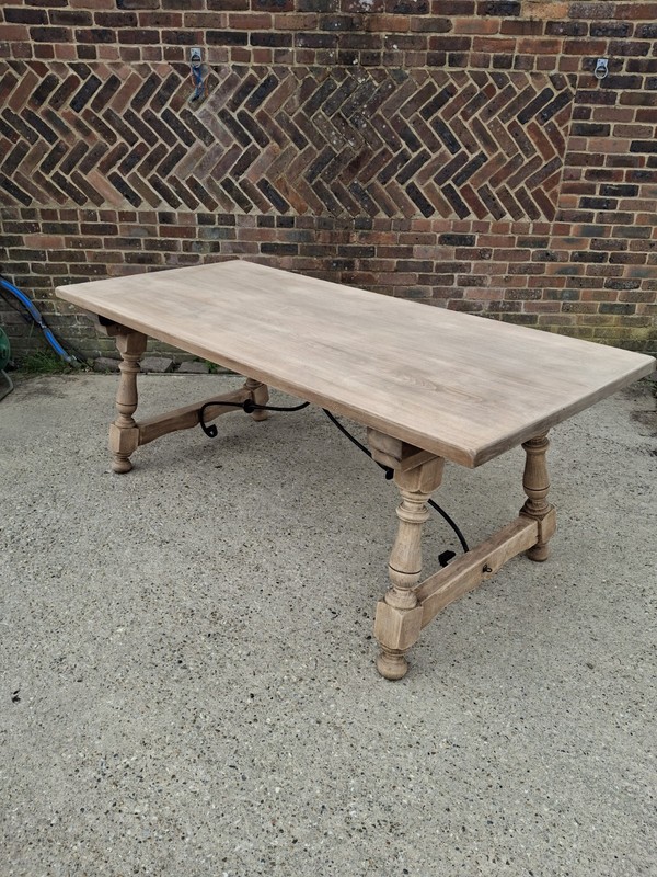 Antique Spanish Walnut Dining Table Bleached Rustic Farmhouse Wrought Iron Base