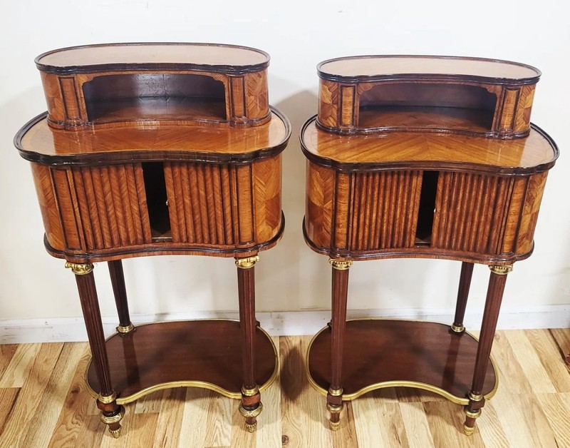 PAIR 19th C FRENCH Louis XVI BRONZE & TAMBOUR Front KIDNEY NIGHTSTAND End Tables gallery
