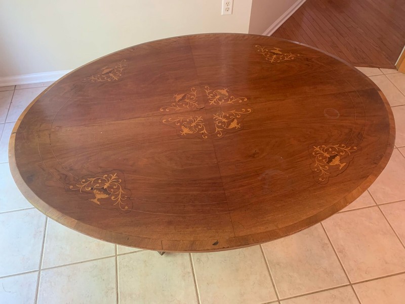 Antique Victorian Burr Inlaid Walnut Oval Tilt Top Loo Table gallery