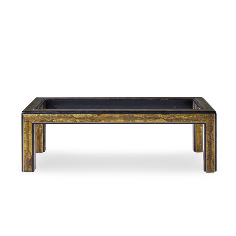 Bernhard Rohne Mid Century Acid Etched Brass and Glass Coffee Table gallery