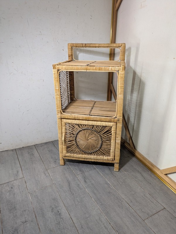 Vintage Peacock Wicker Rattan Table Nightstand Boho Chic Coastal Sunburst MCM V7 gallery