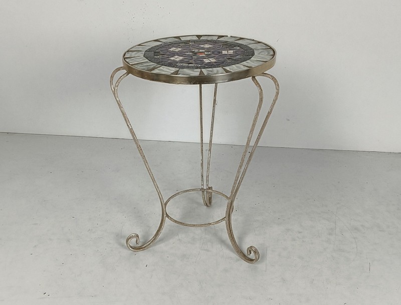 Side Round Table Plant stand Ceramic Tiles Mosaic wrought Iron Legs vintage gallery