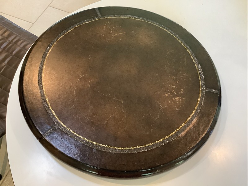 Vintage Tooled Leather Covered Table Top Or display Stand WOW