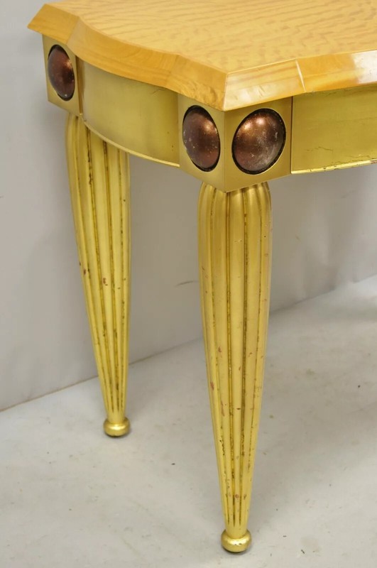 Italian Hollywood Regency Curly Maple Gold Gilt Leaf 1 Drawer Console Hall Table gallery