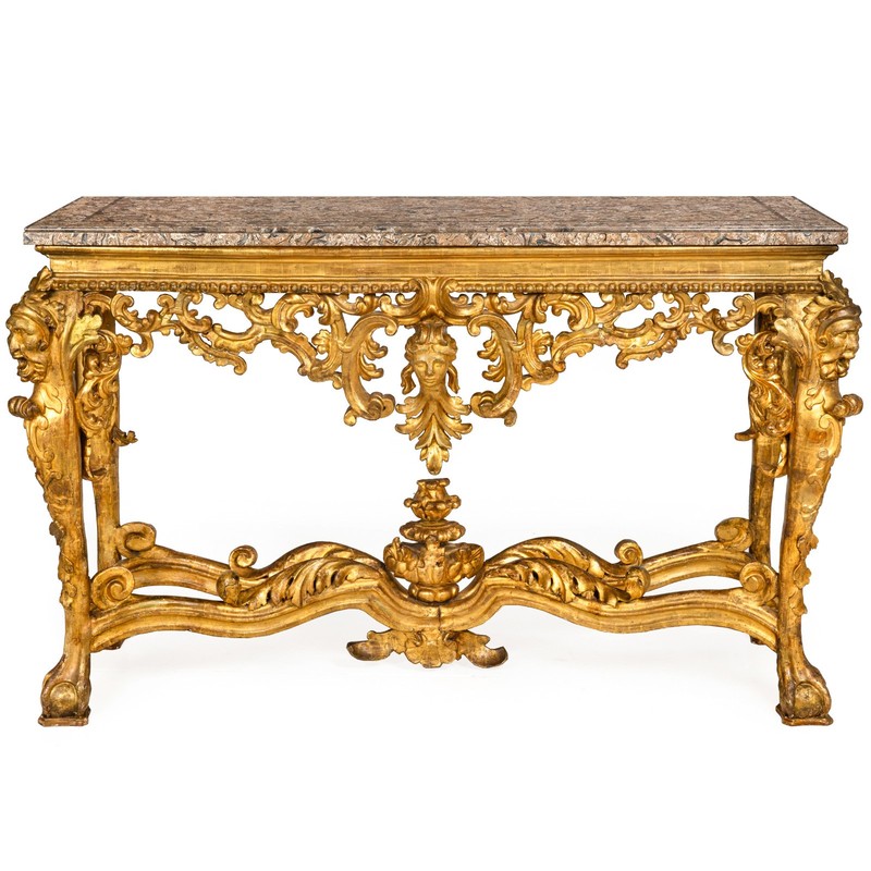 Rare Italian Rococo Giltwood Fossilized Marble Console Table ca. 1750 gallery