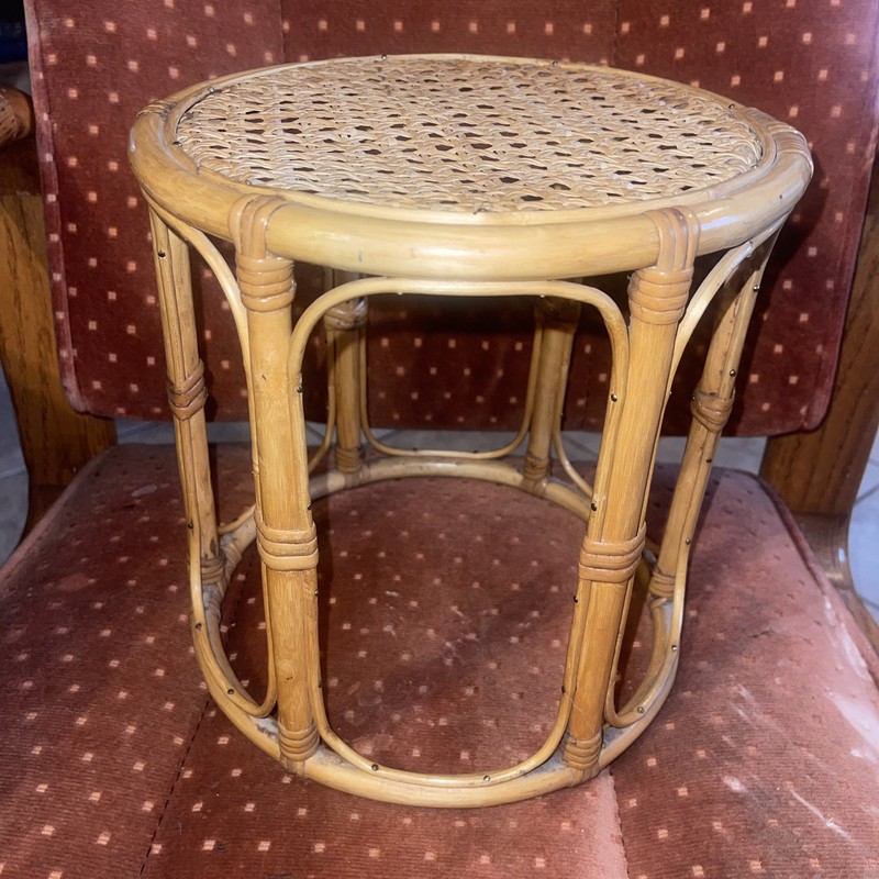 Vintage MCM Round Rattan Wicker Bamboo Cane Side Table Plant Stand Stool 10”