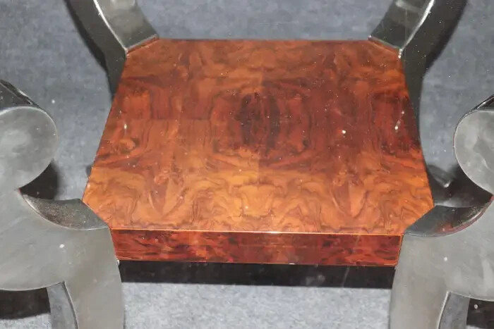 Large Milo Baughman Style Chrome and Burled Walnut Beveled Glass Table gallery