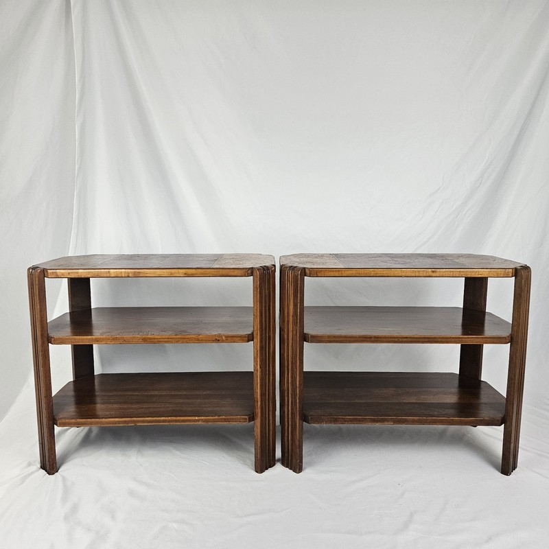 Vintage Waterfall End Table Pair Art Deco Matchbook Parquet 1930’s Mid-Century