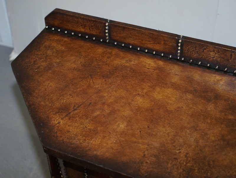 ANTIQUE FULLY RESTORED GOTHIC PUGIN STYLE BROWN LEATHER STUDDED CONSOLE TABLE gallery