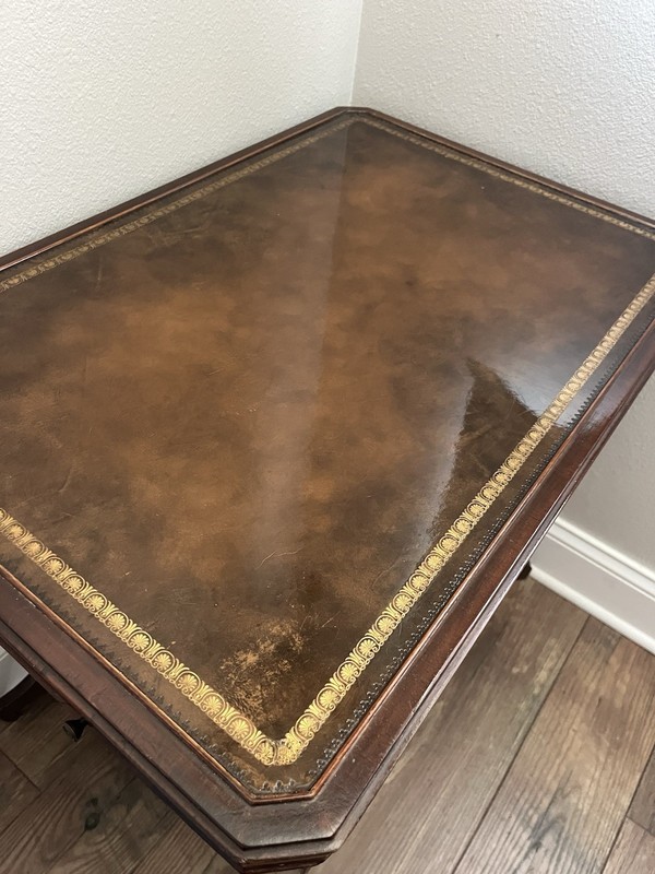 Vintage Mid Century Mahogany Side Table Leather Top Inlay Pull Out Tray Original gallery