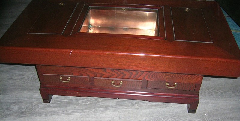 vintage coffee table with copper inserts