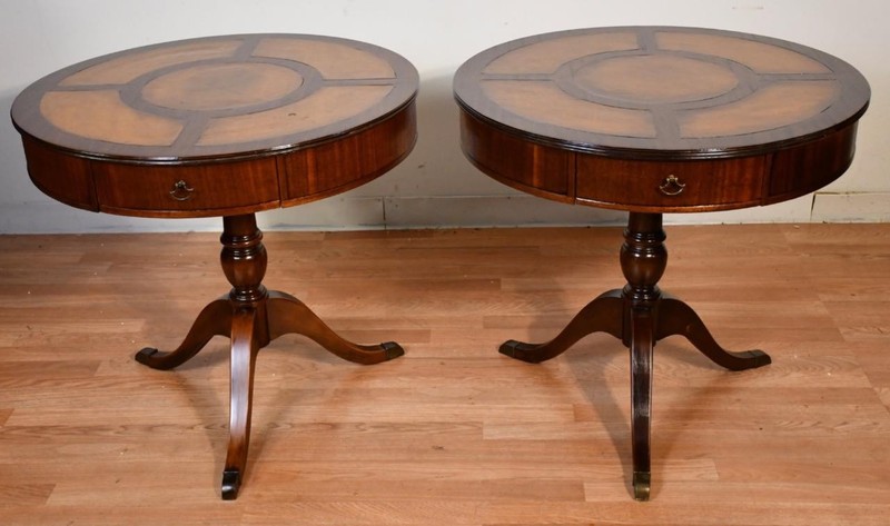 1930s English Regency Mahogany & Leather top PAIR of side tables / end tables