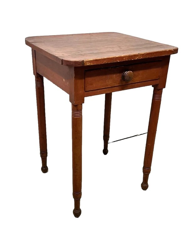 Antique Table Old Red Paint Cutout Top Stand Folk Sheraton 1830 Drawer