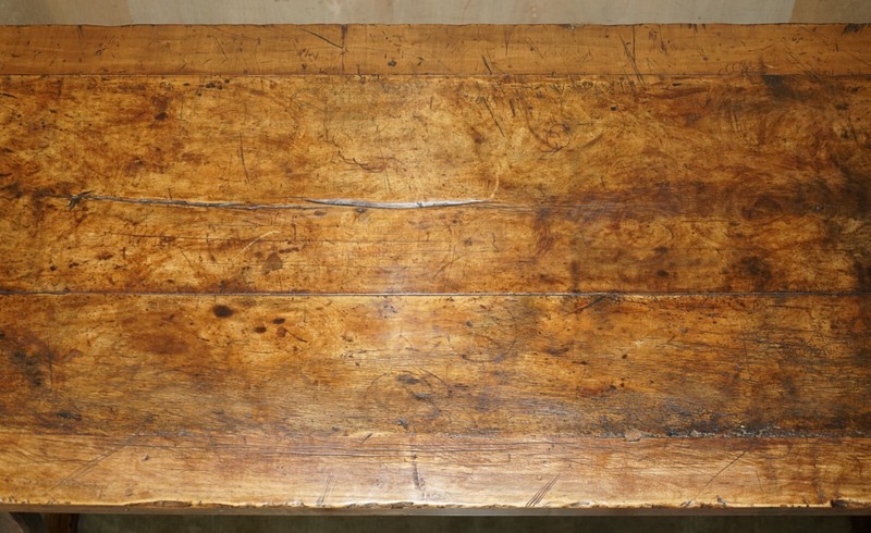 EXQUISITE TWO PLANK TOP ANTIQUE FRENCH BURR FRUITWOOD REFECTORY DINING TABLE gallery