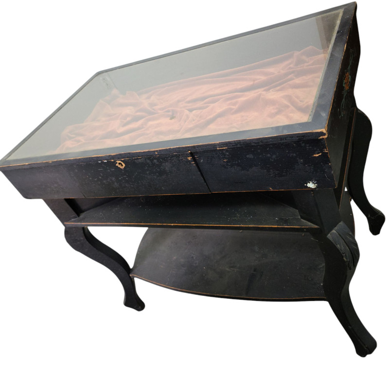 Antique Vitrine Display Table – Tole Painted Floral – GDC – USEFUL ANTIQUE TABLE