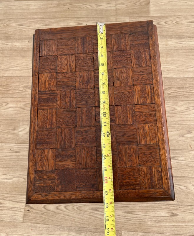 Antique Side Table, Nightstand, Three Drawers, Parquet Style Top, Walnut gallery