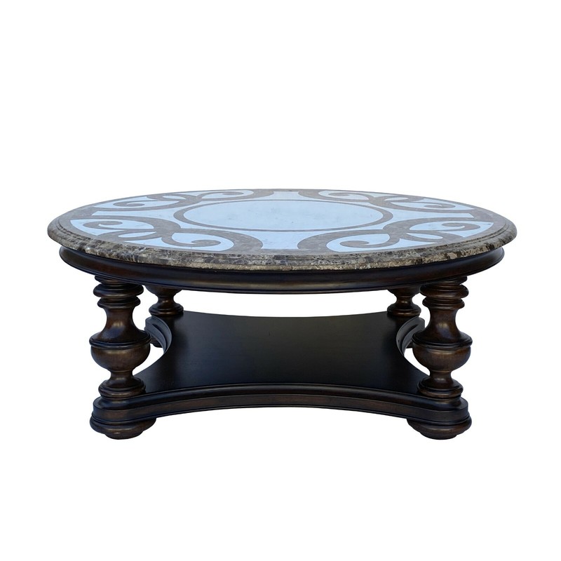 Vintage Estate Round Ribbon Cross Pattern Marble Top Coffee Table cs6081
