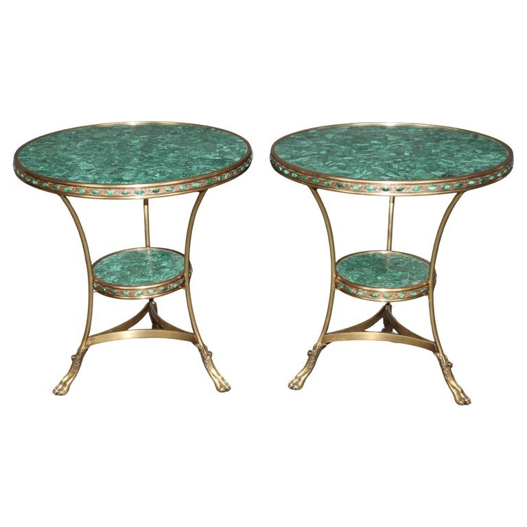 Pair Rare Dore' Bronze French Directoire Malachite Adorned Gueridon End Tables