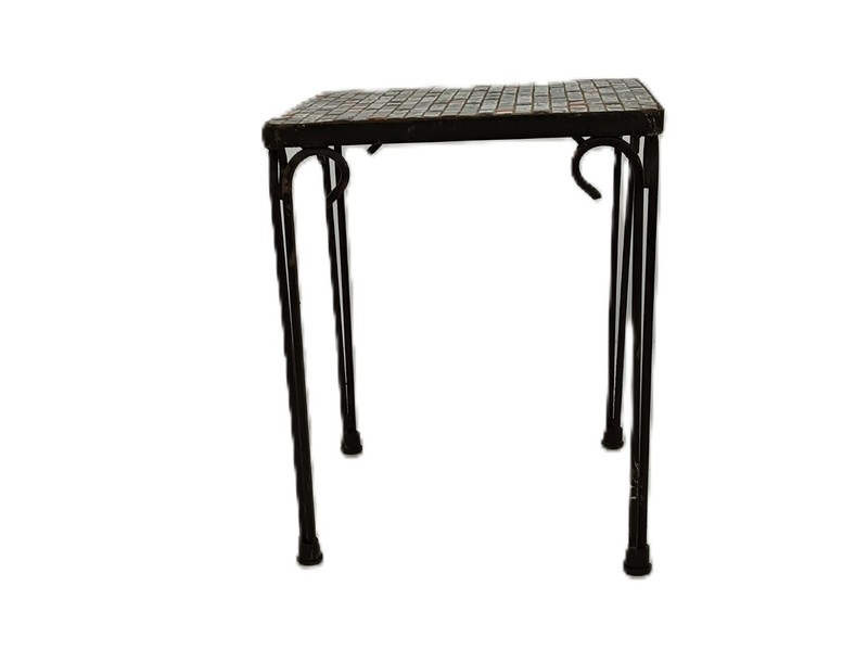 Small Side Table Plant stand Mosaic tiles Checkered pattern Wrought Iron vintage gallery