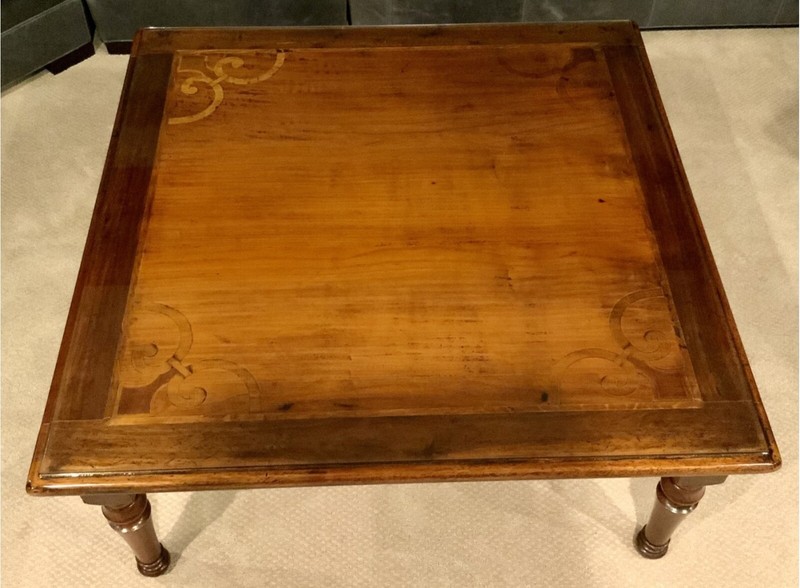 Antique English Square Coffee Table With Fleur-De-Lis Satinwood Inlay gallery