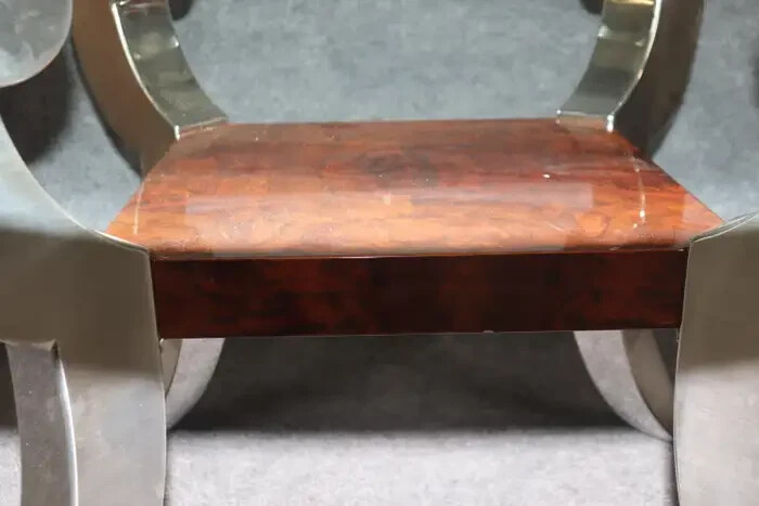 Large Milo Baughman Style Chrome and Burled Walnut Beveled Glass Table gallery