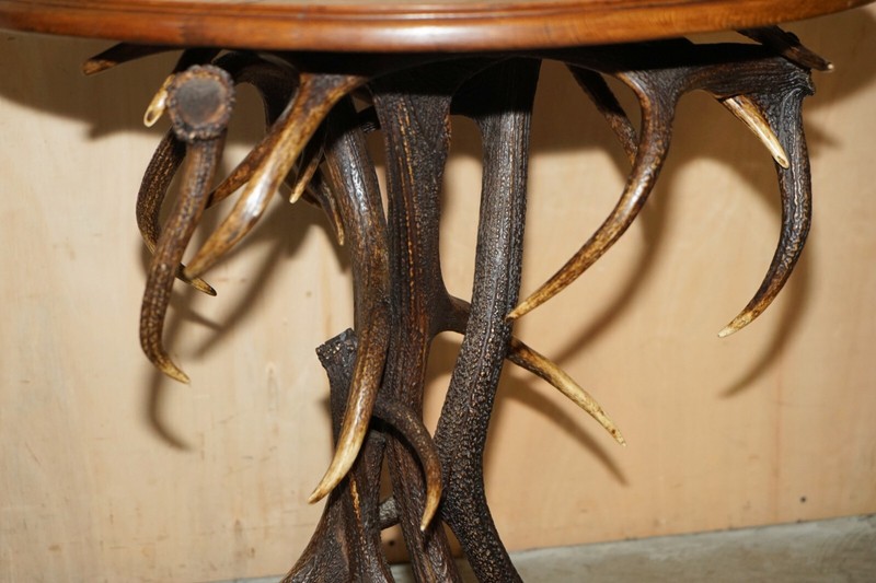 ANTIQUE GERMAN BLACK FOREST CARVED RAMS HEAD ANTLER SUPPER TABLE PART OF A SUITE gallery