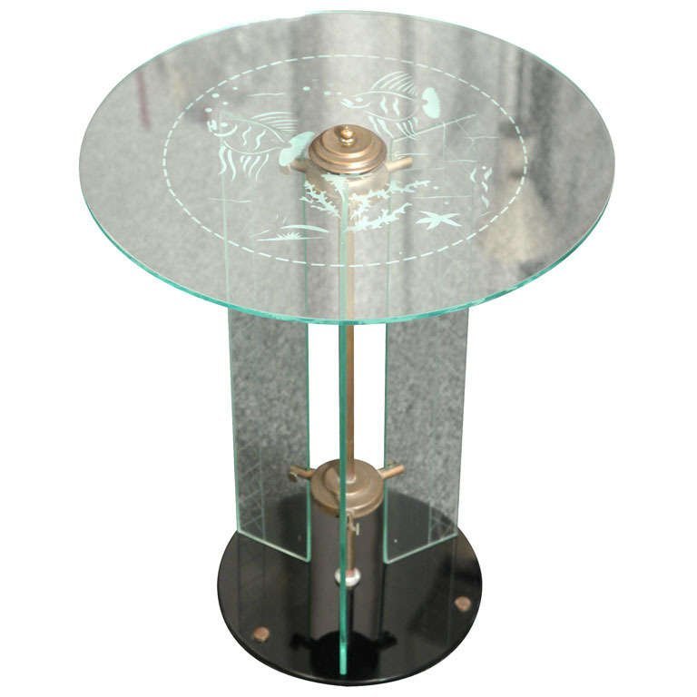 Glass Art Deco Glass and Brass Round Side Table by Luigi Brusotti, Italy, 1930’s