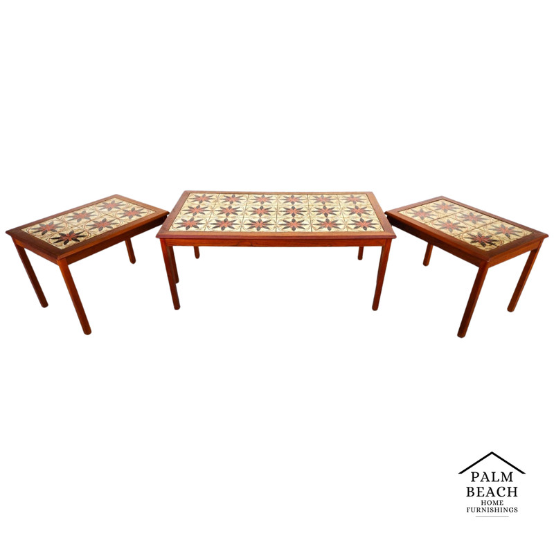 MCM Danish Teak & Tile Coffee & Side Tables 1960s Set of 3