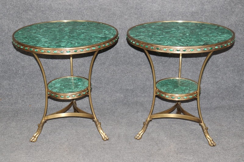 Pair Rare Dore' Bronze French Directoire Malachite Adorned Gueridon End Tables gallery
