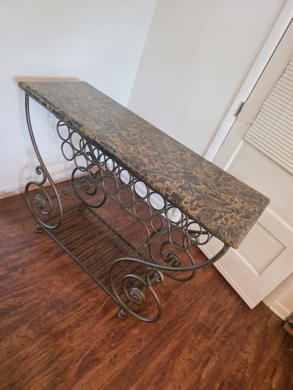 Vintage Marble Console Table w/ Wrought Iron Wine Rack – Entryway Accent gallery