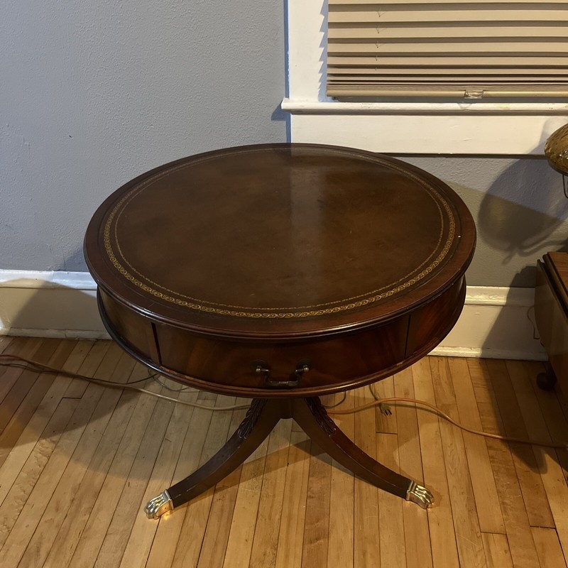 Vintage Large Mahogany￼ leather top drum table W/brass claw Feet Circa 1940s