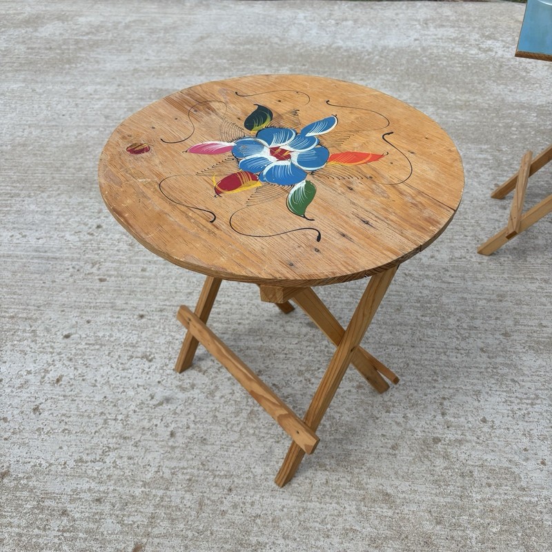 VTG Hand Painted Folding Wood Decorative Round 18″ D Side Table Floral Folk Art