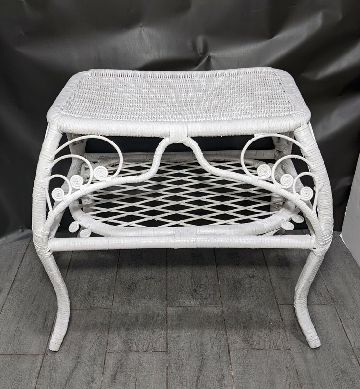Vintage Victorian Shabby Boho Chic White Peacock Wicker Rattan 2-Tier Table gallery