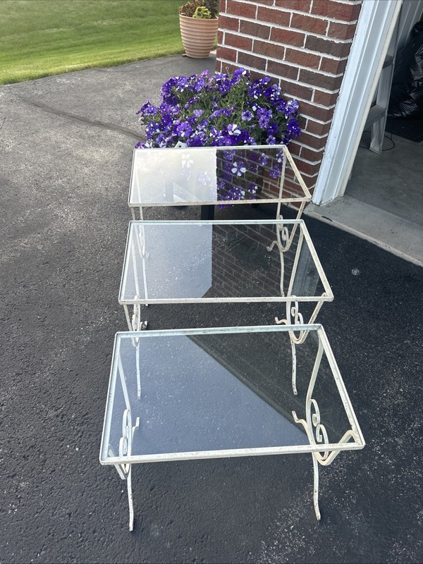 Vintage Wrought Iron Patio Nesting Tables Glass Top Set of 3 Mid-Century MCM
