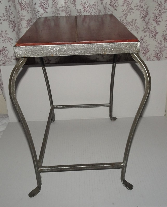 Vintage small side table with a Mahogany top and wrought iron Frame and legs gallery