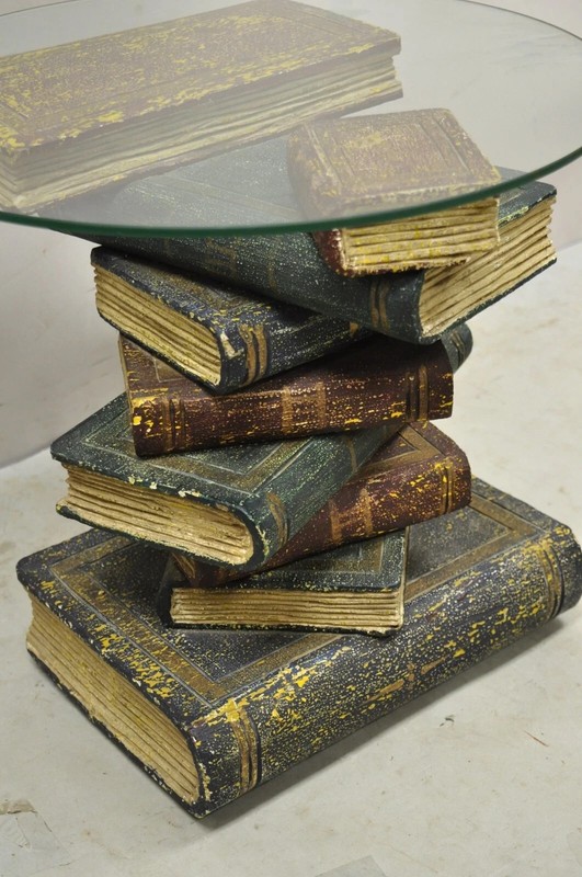 Vintage Regency Style Figural Faux Stacked Book Form Round Glass Top Side Table gallery