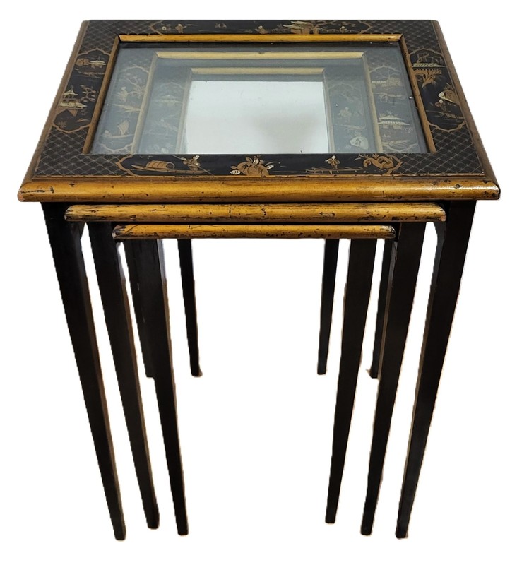 Set of 3 Vintage 20th C ENGLISH REGENCY Style CHINOISERIE Stack NESTING TABLES gallery