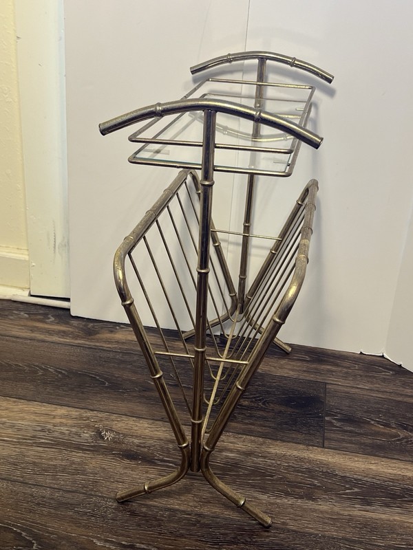 VTG MCM Faux Bamboo Hollywood Regency Brass Glass Top Side Table & Magazine Rack gallery